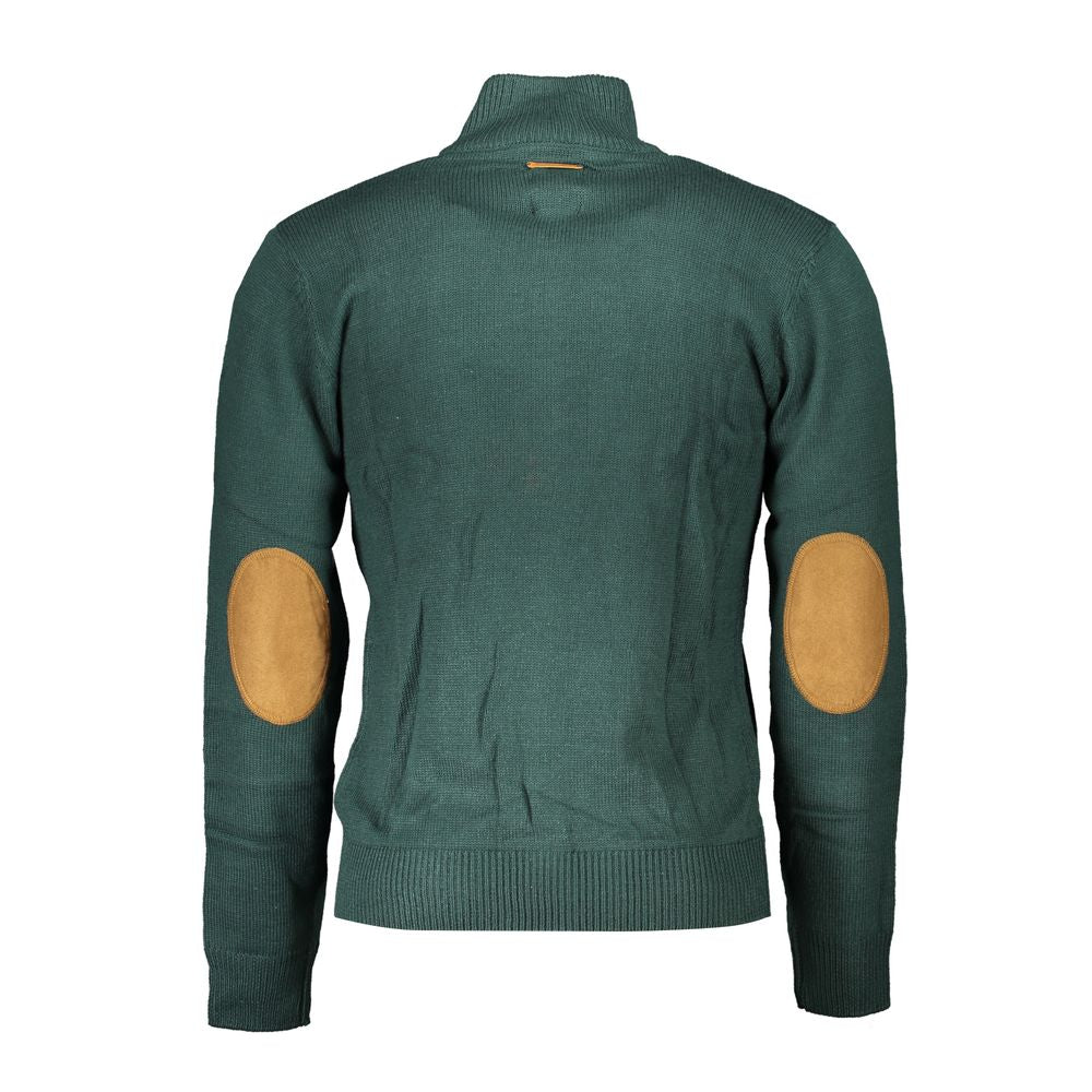 Gianmarco Venturi Green Cotton Sweater with long sleeves, zipper, embroidery, and contrast details featuring logo and two pockets.