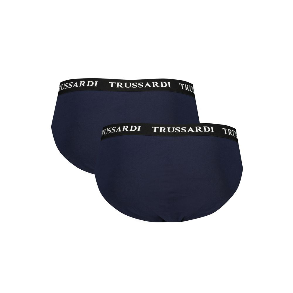 Trussardi Blue Cotton Underwear bi-pack with branded elastic waistband and logo print, featuring elastic waist for comfort.