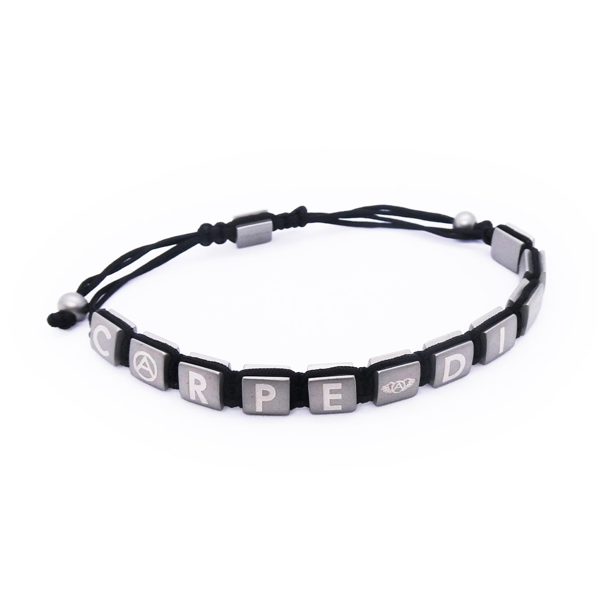 Black and silver bracelet displaying 'CARPE DIEM' with adjustable cord, designed by AN JEWELS JEWELRY Mod. AA.P222.