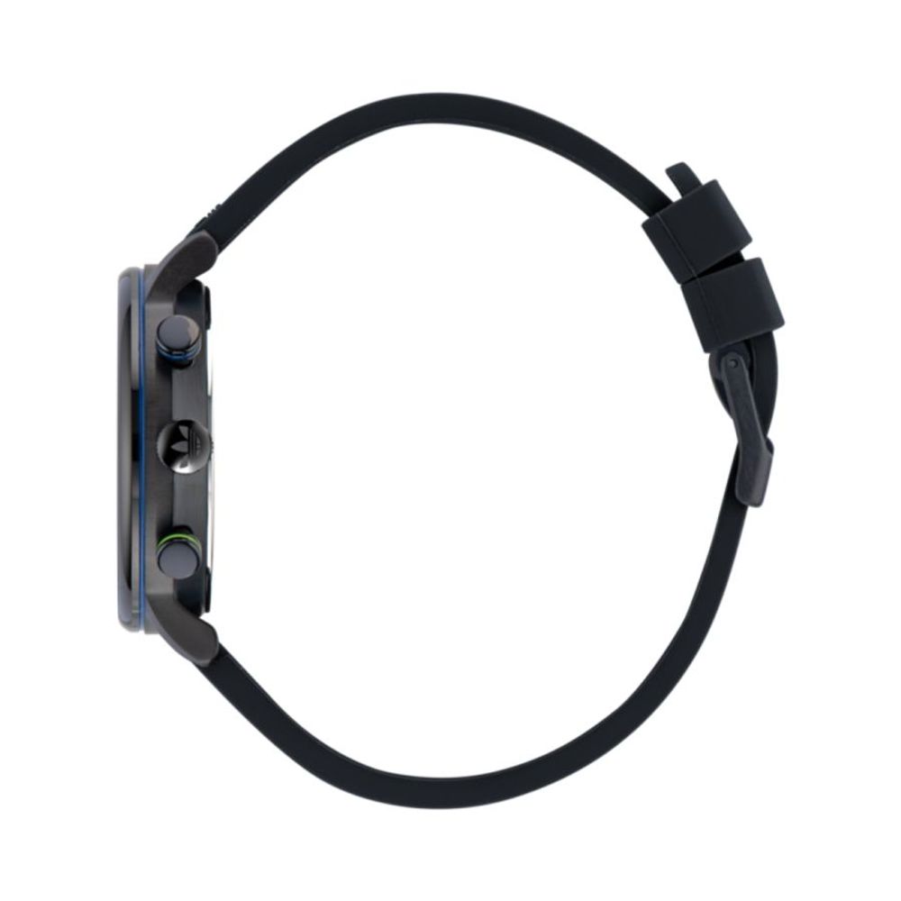 Side view of Adidas Black Synthetic Sport Watch with black silicone bracelet and stainless steel case, featuring a buckle closure.