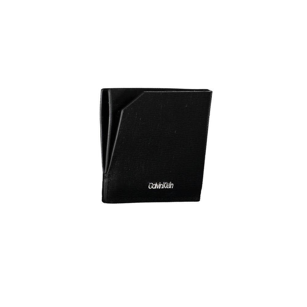 Calvin Klein Black Leather Wallet with RFID block, 2 compartments, card spaces, and contrast details.
