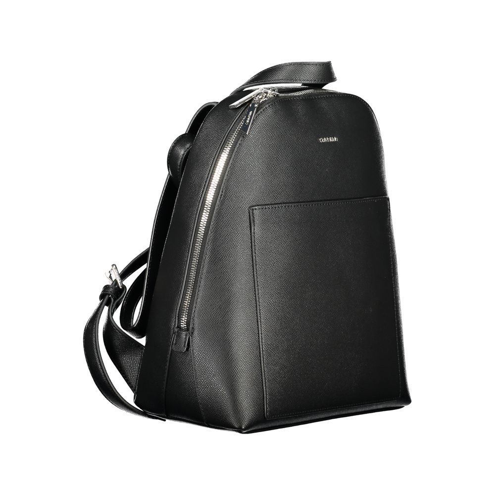 Calvin Klein Black Polyethylene Backpack with adjustable straps, external pocket, and zip closure, featuring logo detail.