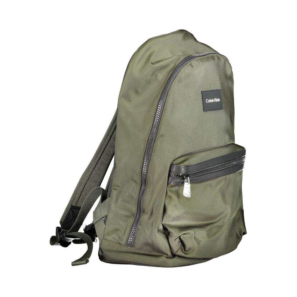 Calvin Klein Green Polyester Backpack with adjustable straps, external pocket, laptop holder, and water-repellent fabric.