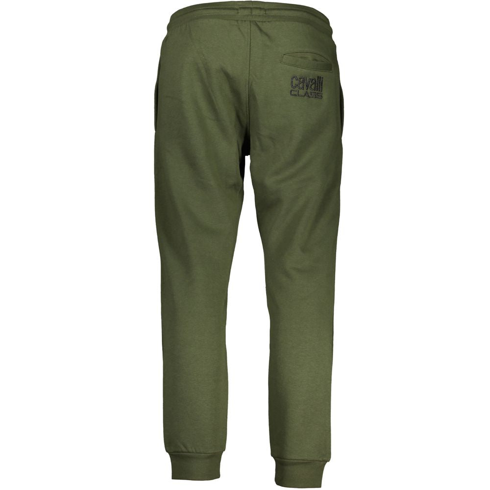 Cavalli Class Green Cotton Pant with elastic waist, ankle cuff, 3 pockets, laces, embroidery, and logo detailing