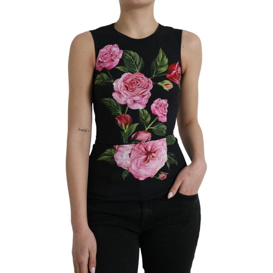 Dolce & Gabbana Black Floral Viscose Round Neck Tank Top