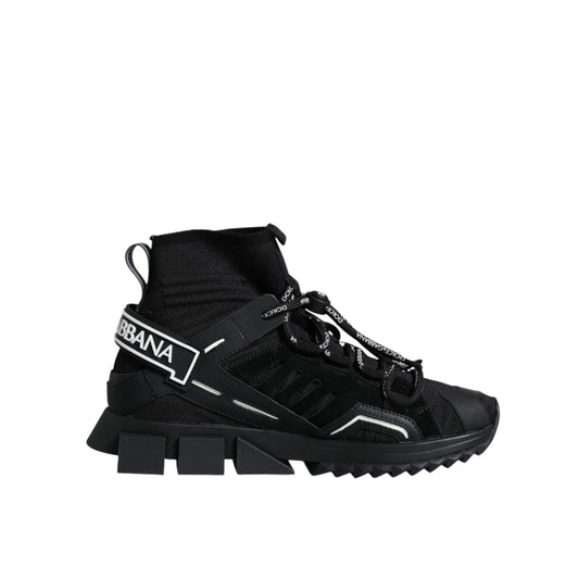 Dolce & Gabbana Black Sorrento Socks Logo Sneakers Shoes with sock-style design and ridged rubber sole.
