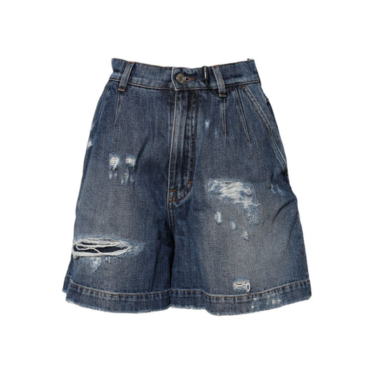 Dolce & Gabbana Blue Cotton Tattered Denim Bermuda Shorts