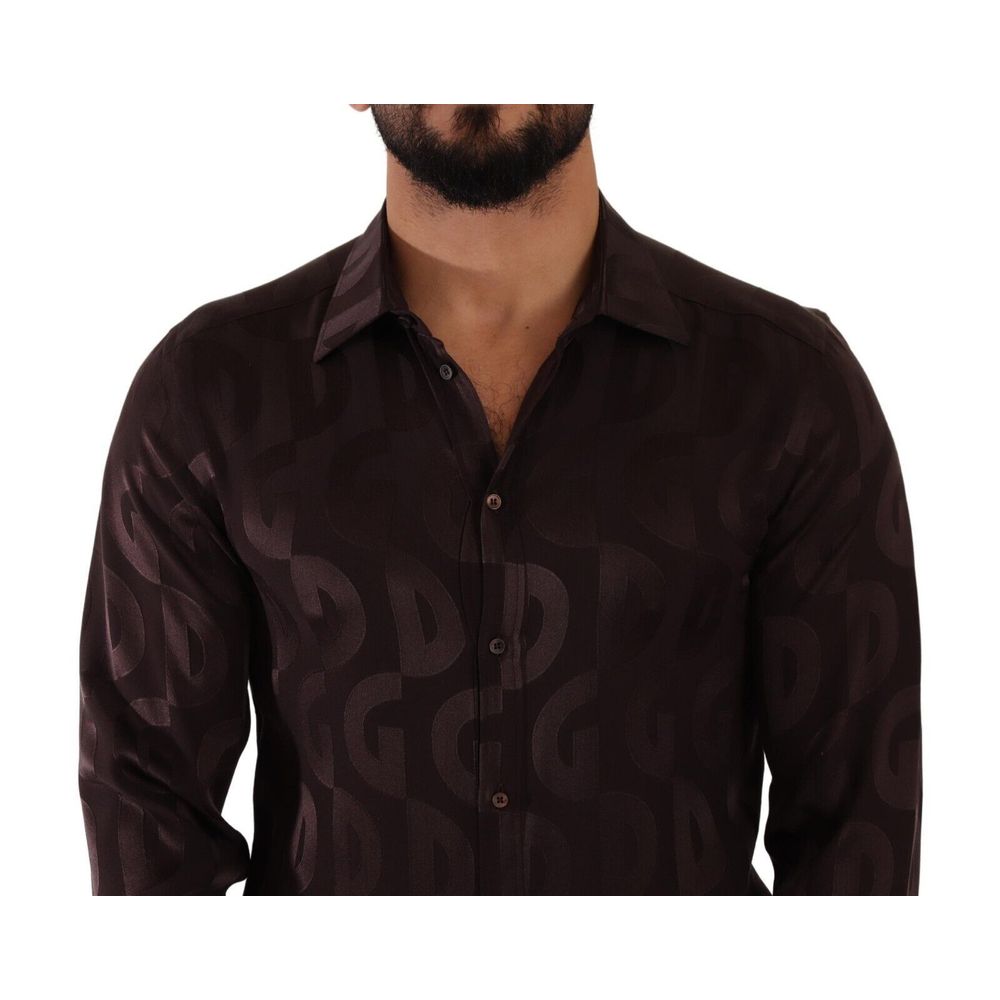 Dolce & Gabbana Bordeaux Silk Dress Shirt with logo print, classic neck, long sleeves, button-down closure, made in Italy 100% silk.