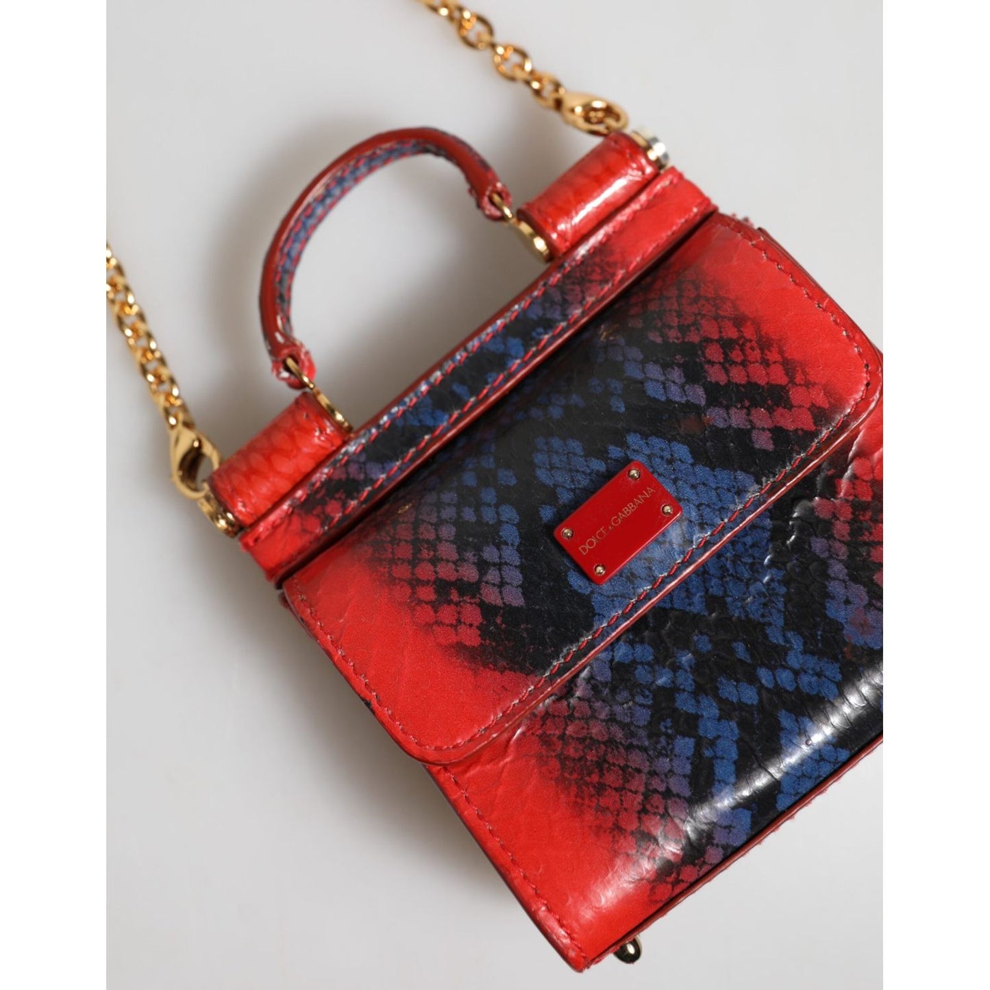 Dolce & Gabbana Red Blue Leather Sicily Crossbody Chain SatchelBorse Bag BAG4671