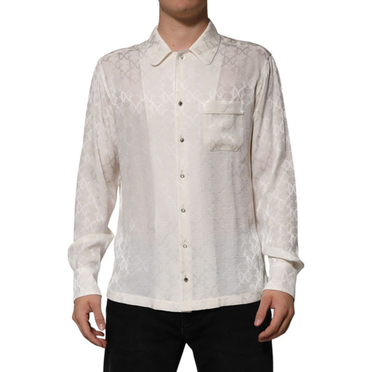 Dolce & Gabbana White Silk DG Logo Print Long Sleeves Shirt