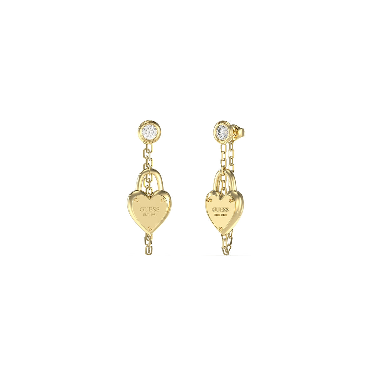 Gold heart-shaped earrings from GUESS JEWELS JEWELRY Mod. JUBE04212JWYGT-U with crystal accents.
