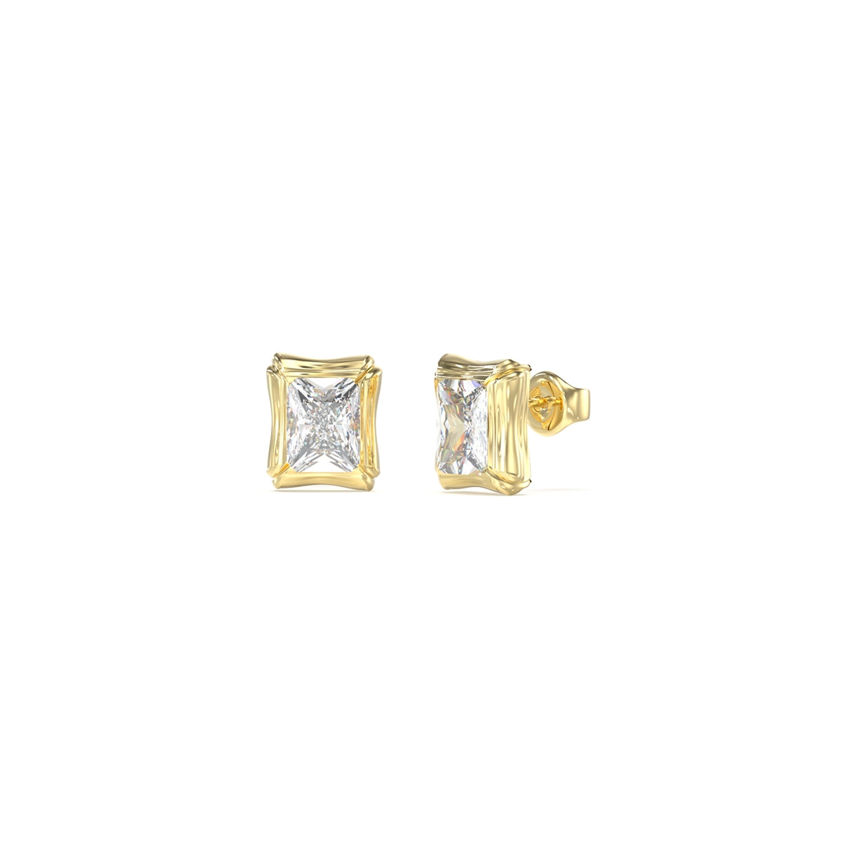 GUESS JEWELS JEWELRY Mod. JUBE05174JWYGT-U, gold and diamond square earrings displayed on white background