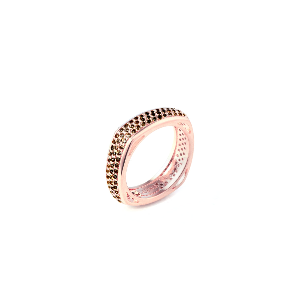Rose gold square ring with black stones, featuring GUESS JEWELS JEWELRY Mod. JUBR04675JWRGBK54.