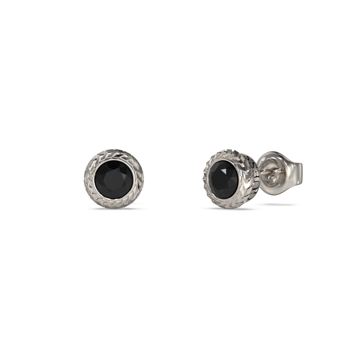 GUESS JEWELS JEWELRY Mod. JUME05022JWSTBKT-U earrings with black gemstones, showing front and back views.