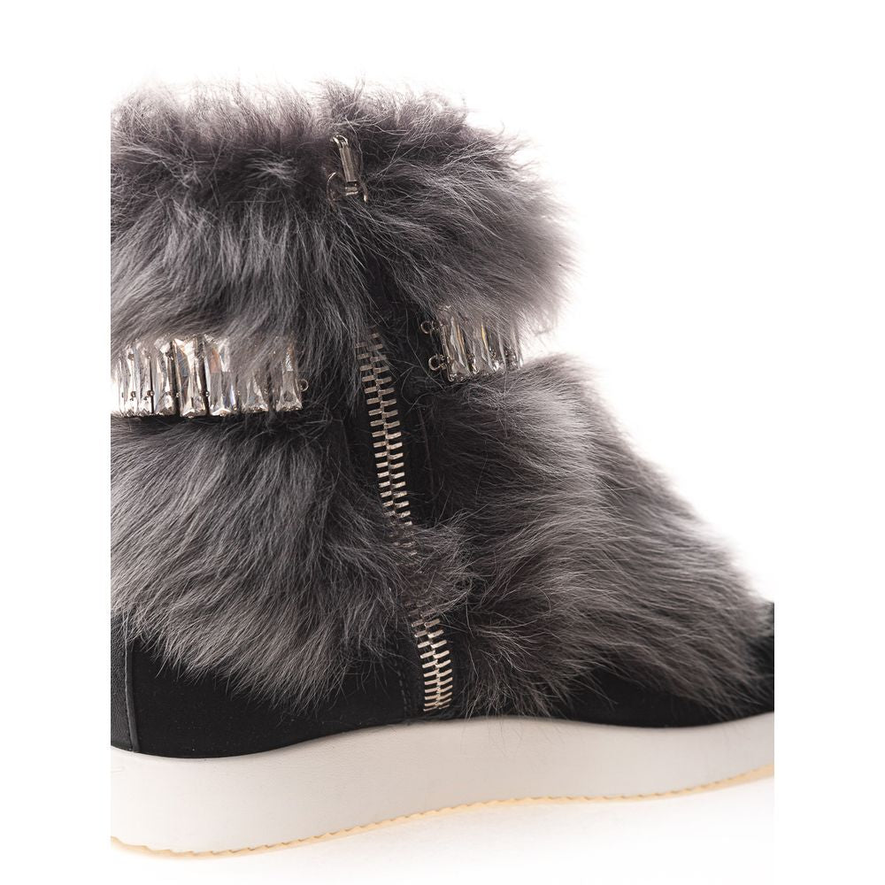 Giuseppe Zanotti Black Neoprene Chunky Sneakers with fur and crystals, side zipper, eco fur, leather composition.