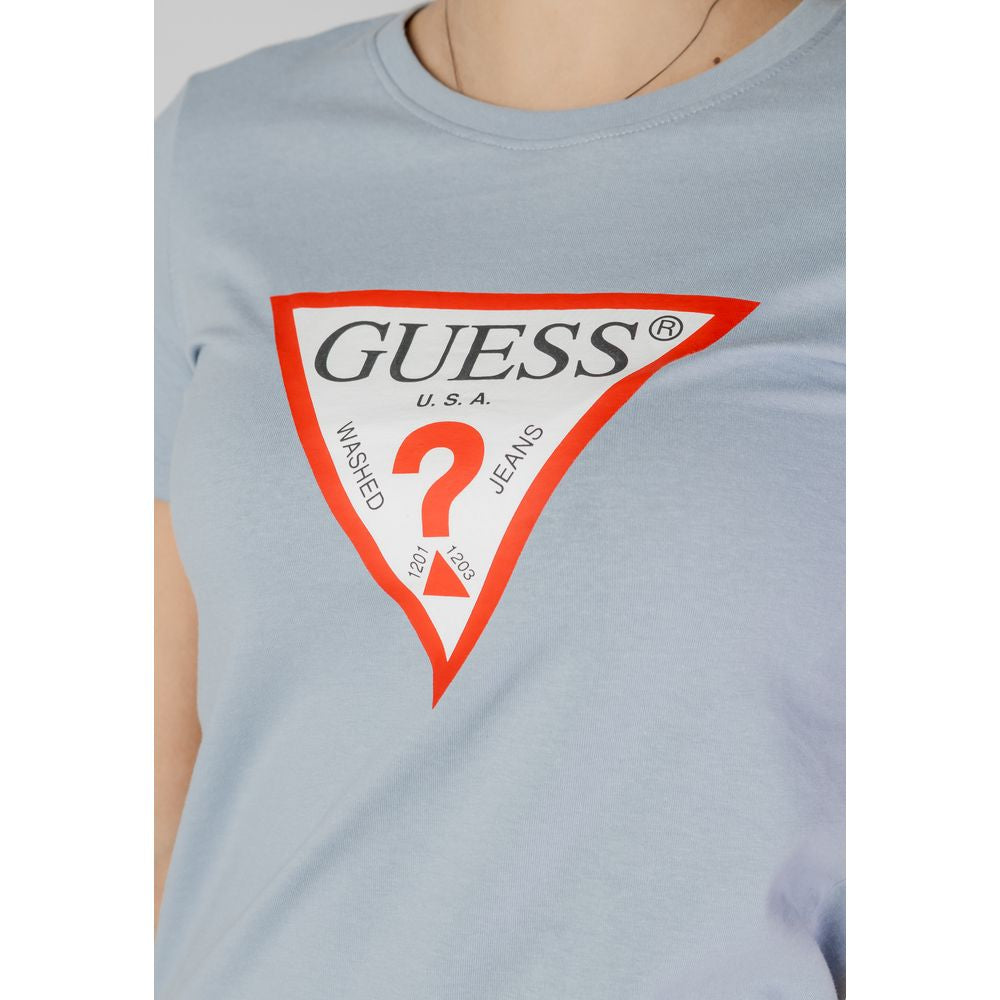 Close-up of Guess Blue Cotton T-Shirt with Guess logo on chest and classic crew neckline.