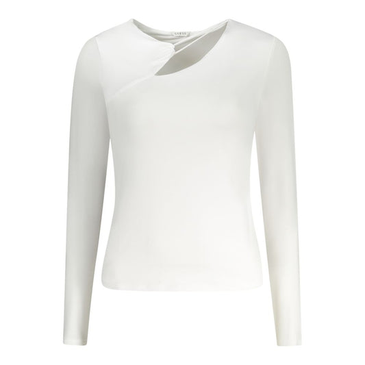 Guess Jeans White Polyester Women T-Shirt with crew neck and long sleeves, featuring sophisticated contrasting details.