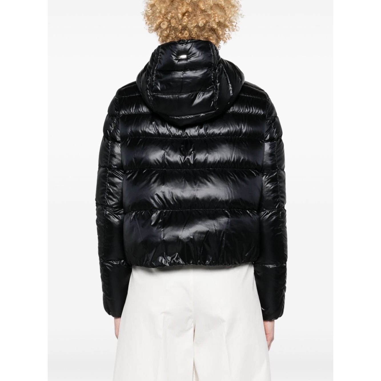 Herno Coats Black feather down padded design with hood, shown from the back.