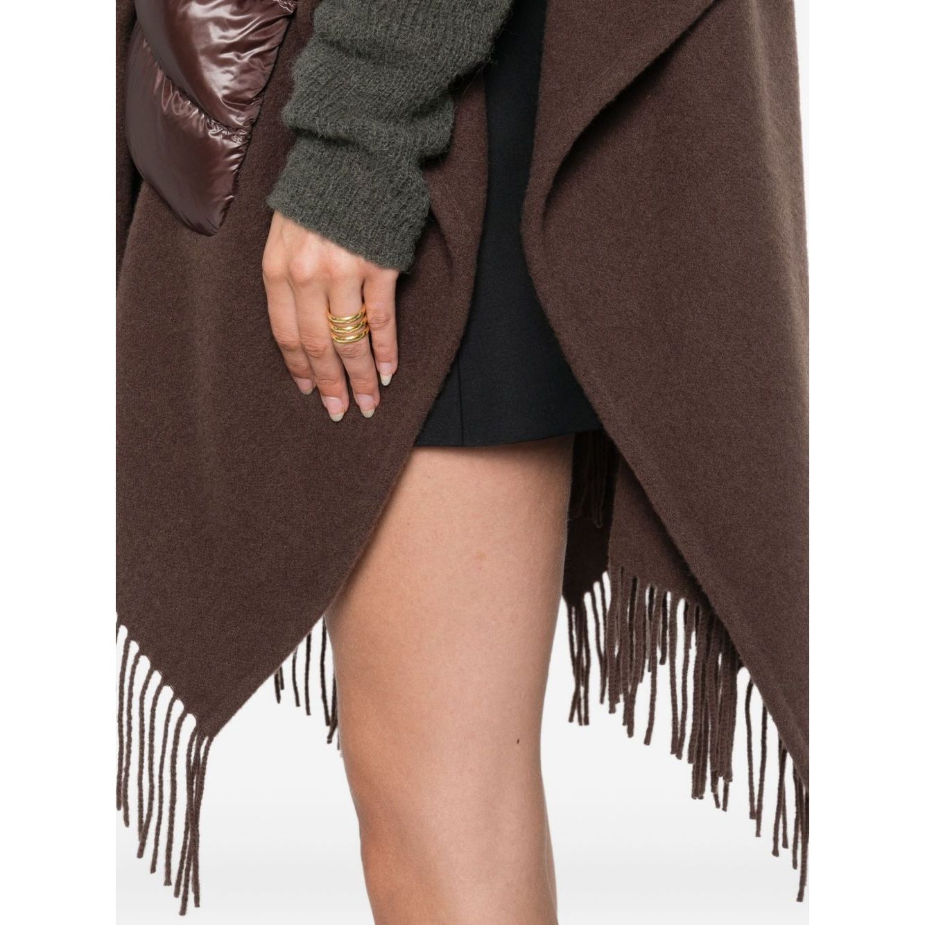 Close-up of Herno Jackets Brown poncho with quilted pockets, drawstring, and fringe.