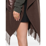 Close-up of Herno Jackets Brown poncho with quilted pockets, drawstring, and fringe.