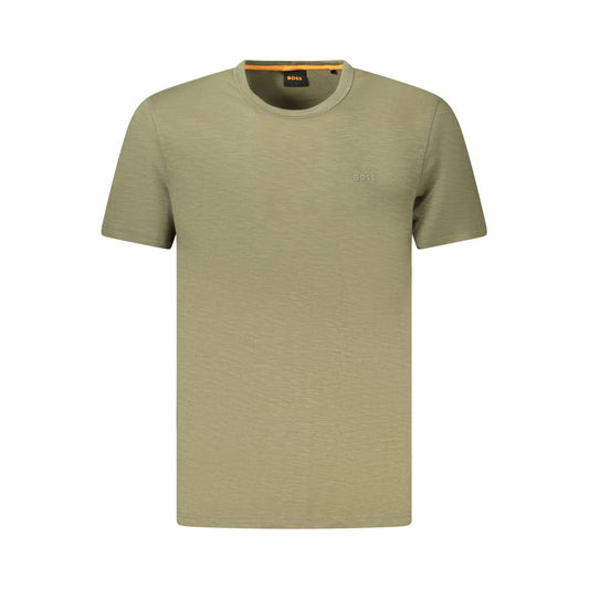 Hugo Boss Green Cotton Men T-Shirt with crew neck and short sleeves, featuring a subtle Hugo Boss logo on premium cotton fabric.