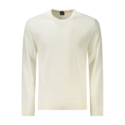 Hugo Boss White Wool Men Sweater with crew neck and embroidered logo, crafted from wool-polyacrylic blend for stylish comfort.