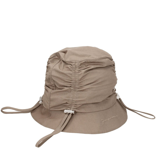 Jacquemus Beige Cotton Bucket Hat with front logo, casual style, 75% cotton composition, featuring dark beige accents.