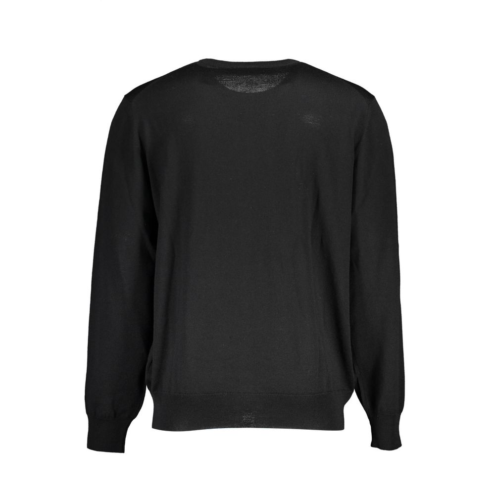Back view of K-WAY Black Wool Sweater, long-sleeved, round neck, with logo application.