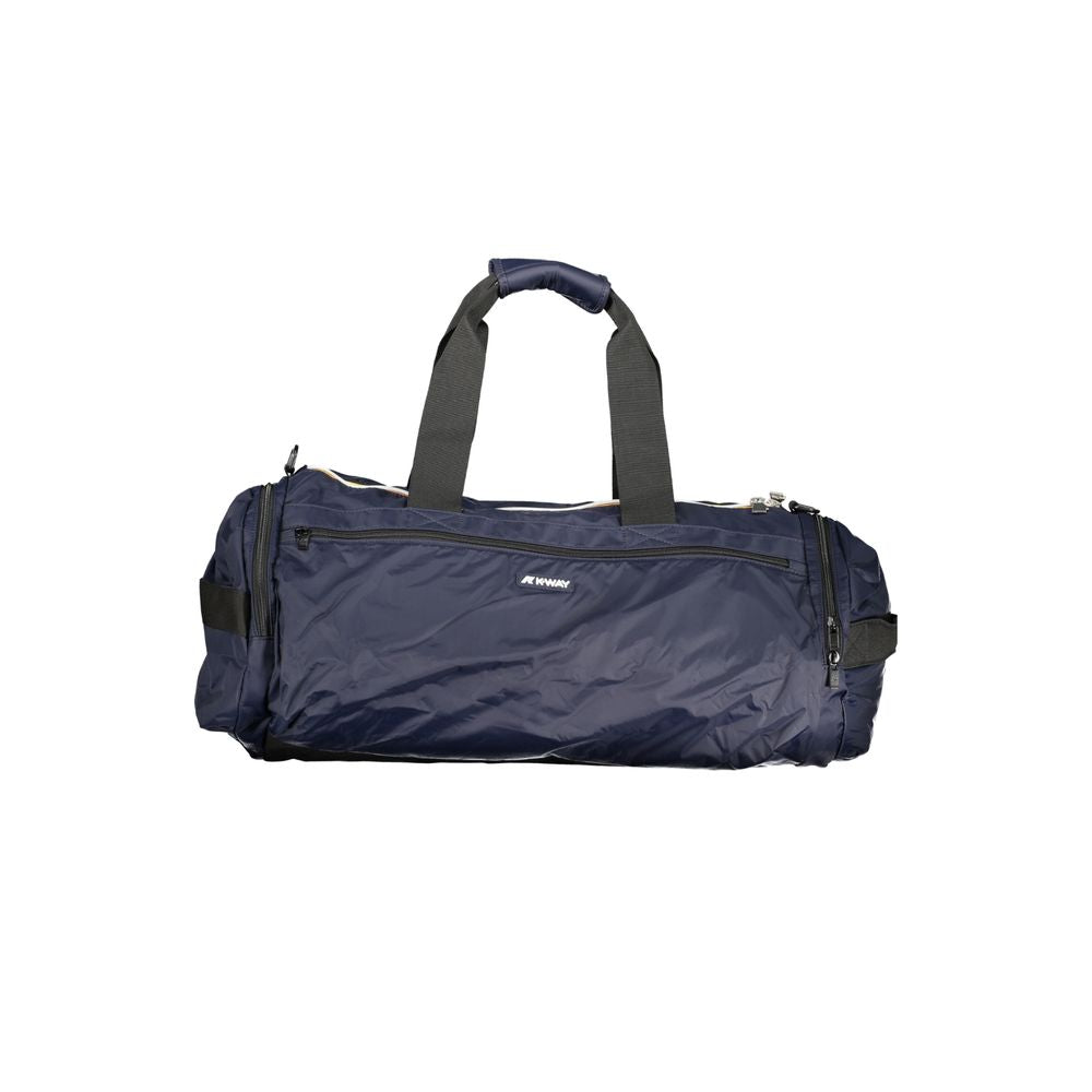 K-WAY Blue Polyamide Luggage And Travel bag with adjustable strap, dual handles, zip closure, logo, and external pockets.