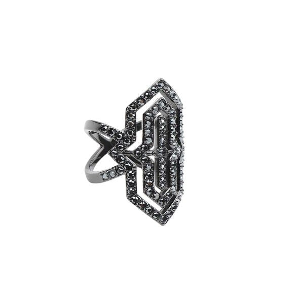 Stylish ring from KARL LAGERFELD JEWELS JEWELRY Mod. 5448405 showcasing intricate geometric design with black embellishments.