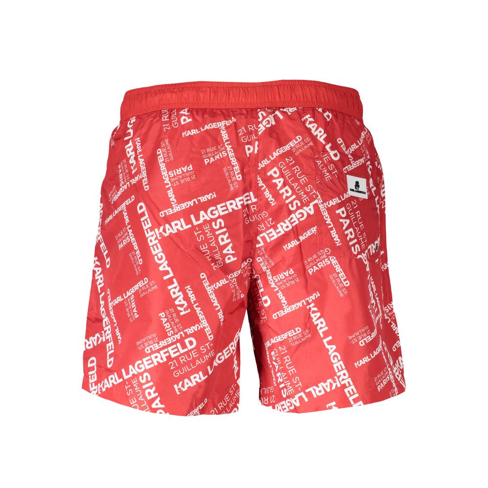 Karl Lagerfeld Red Polyester Swimwear with logo, medium swim boxer, 2 side pockets, 1 back pocket, inside slip, and laces.