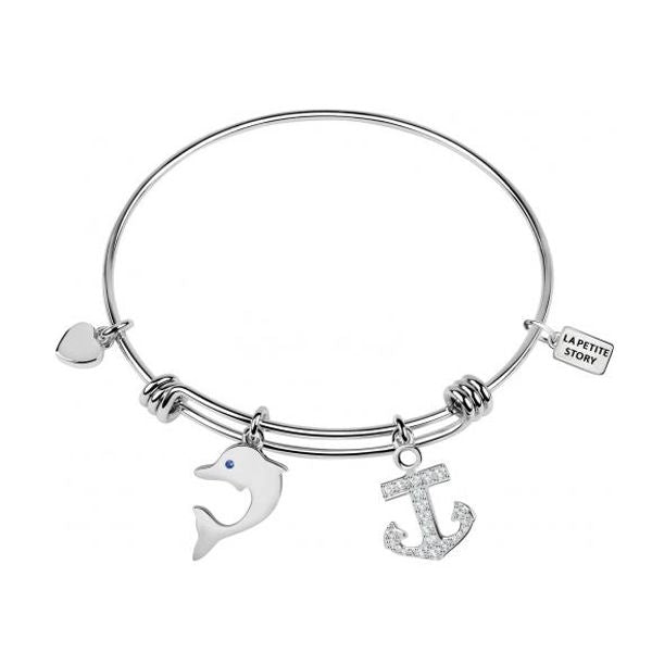 Alt Tag: LA PETITE STORY JEWELRY Mod. LPS05AQJ11 bracelet with dolphin and anchor charms on silver-tone bangle