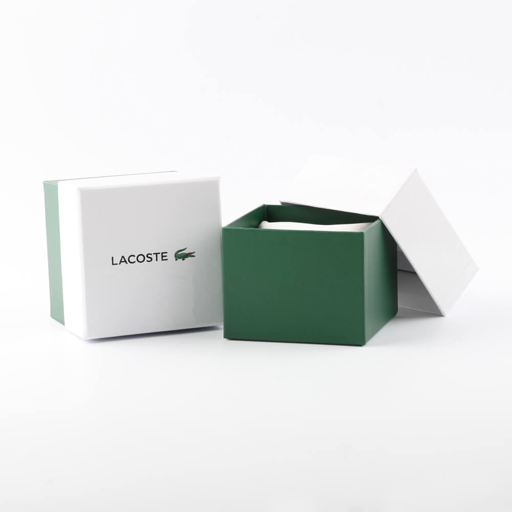 Official packaging of LACOSTE Mod. 2001201, green and white box for ladies' quartz analog watch, multifunction with 5 ATM water resistance.