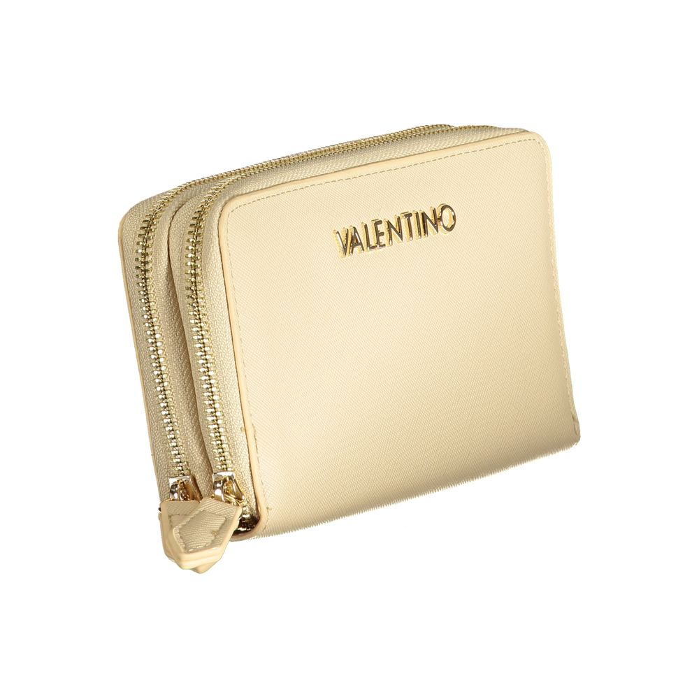 Mario Valentino Beige Polyethylene Wallet with contrasting details and zip closure, featuring six compartments and card spaces.