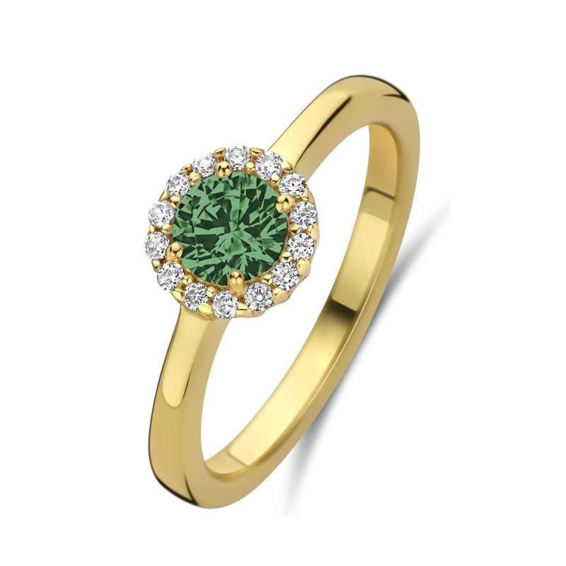 NEW BLING Mod. 9NB-1539-54 gold ring with green gemstone surrounded by small diamonds; elegant jewelry piece.
