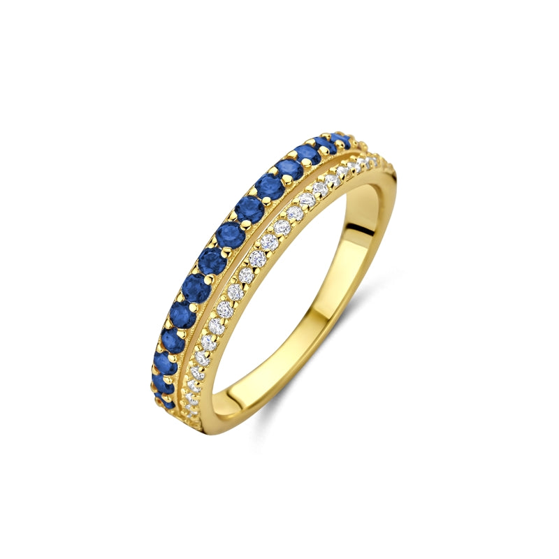 NEW BLING Mod. 9NB-1576-52 gold ring with blue and white gemstones, elegant jewelry design.