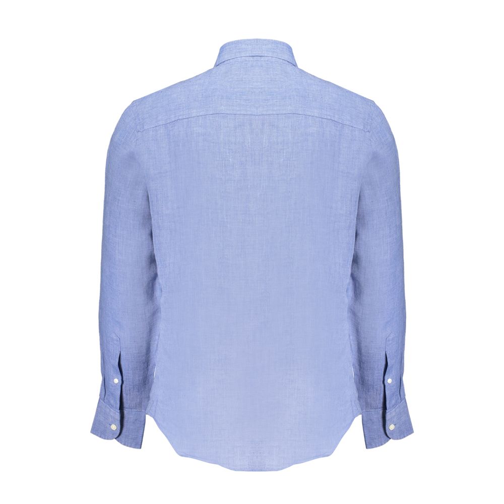 Rear view of North Sails Blue Linen Shirt with long sleeves, French collar, and button cuffs featuring striped pattern and logo embroidery.