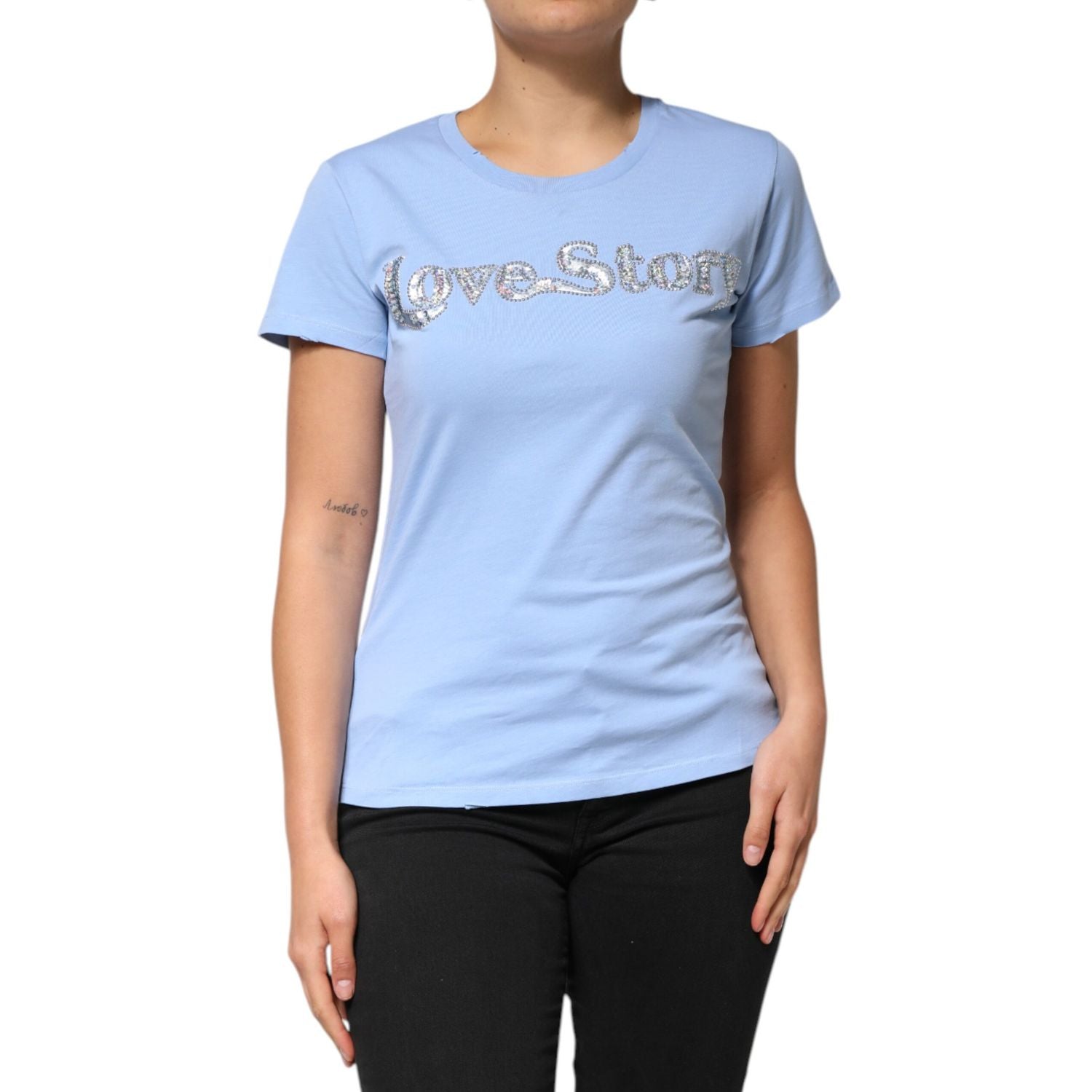 PINKO Blue Love Story Sequined Embellished Short Sleeves T-shirt