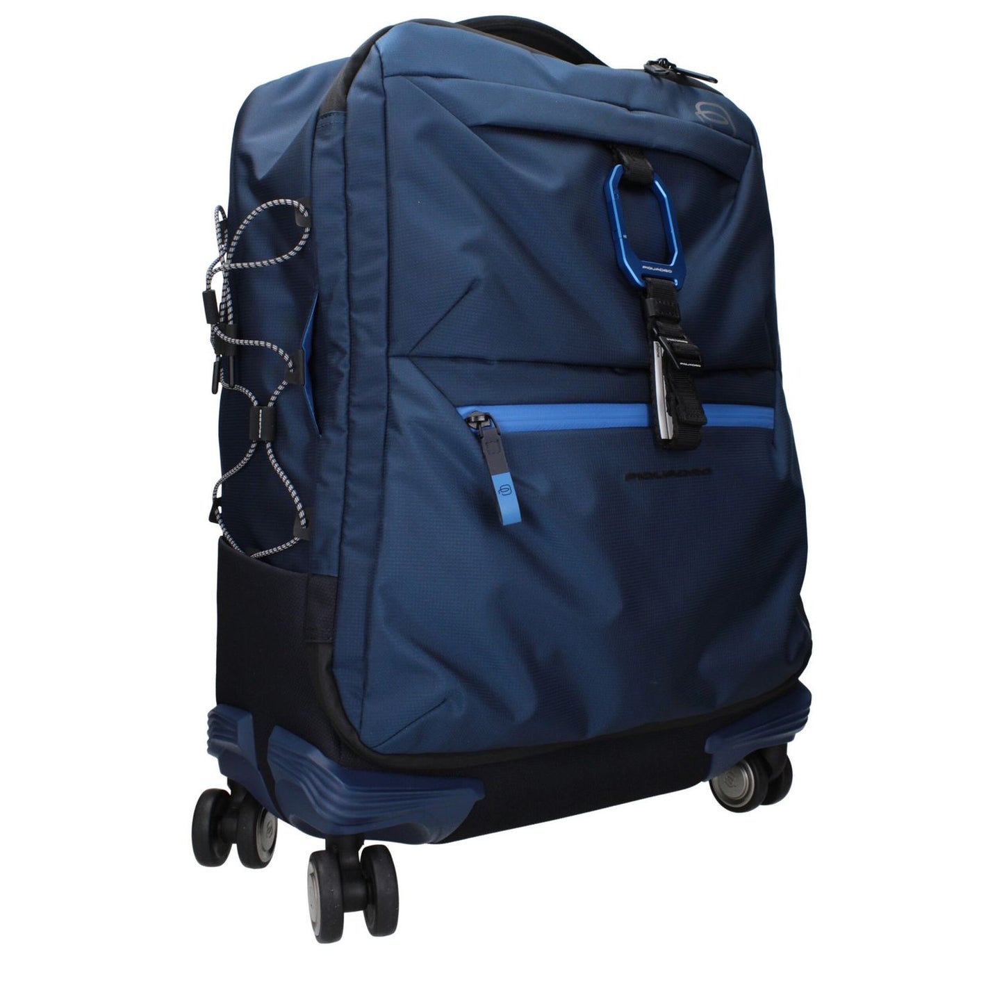 Piquadro Blue Fabric Luggage And Travel trolley with adjustable handle and logos.
