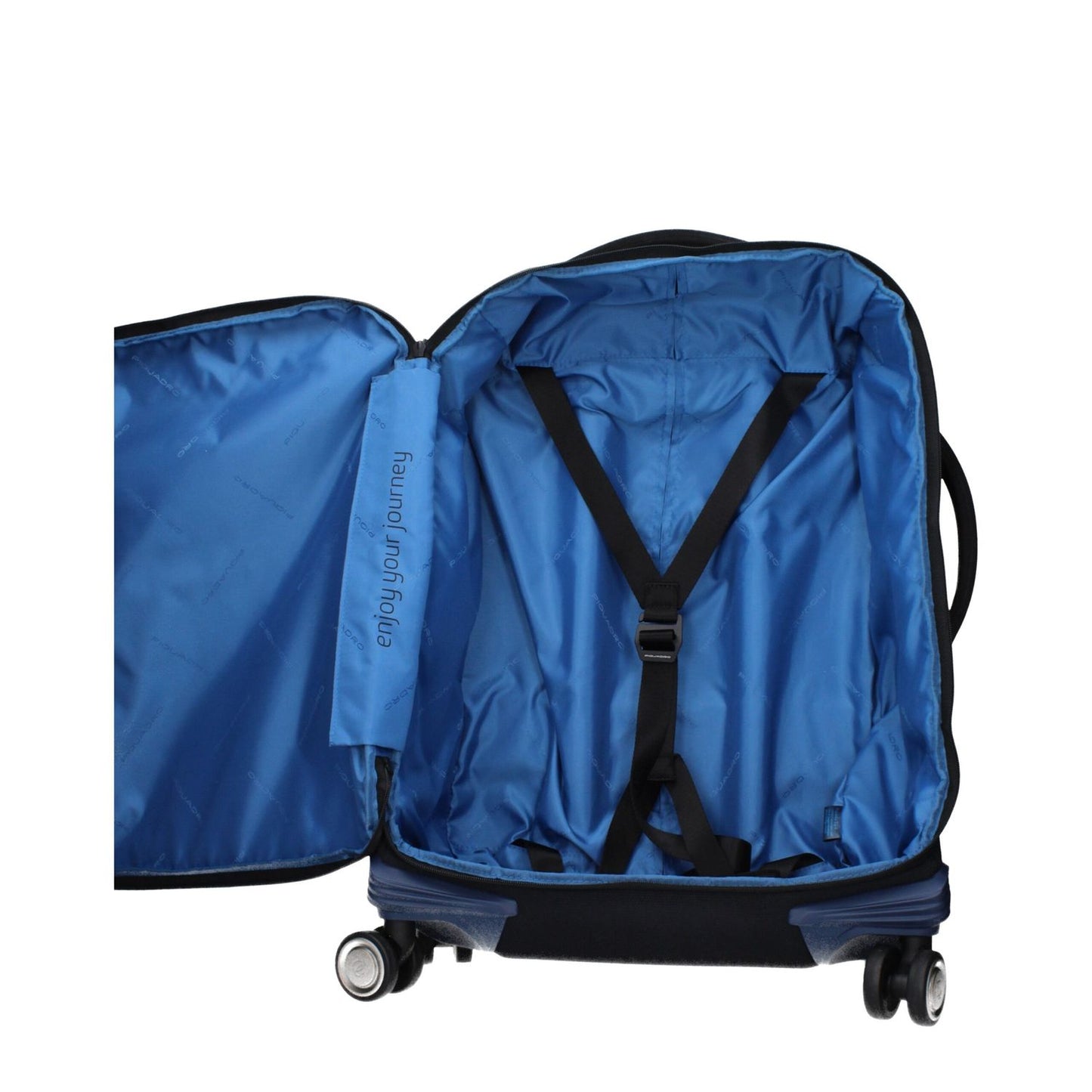 Interior view of Piquadro Blue Fabric Luggage And Travel with adjustable handle and logos visible, showcasing spacious design and removable details.