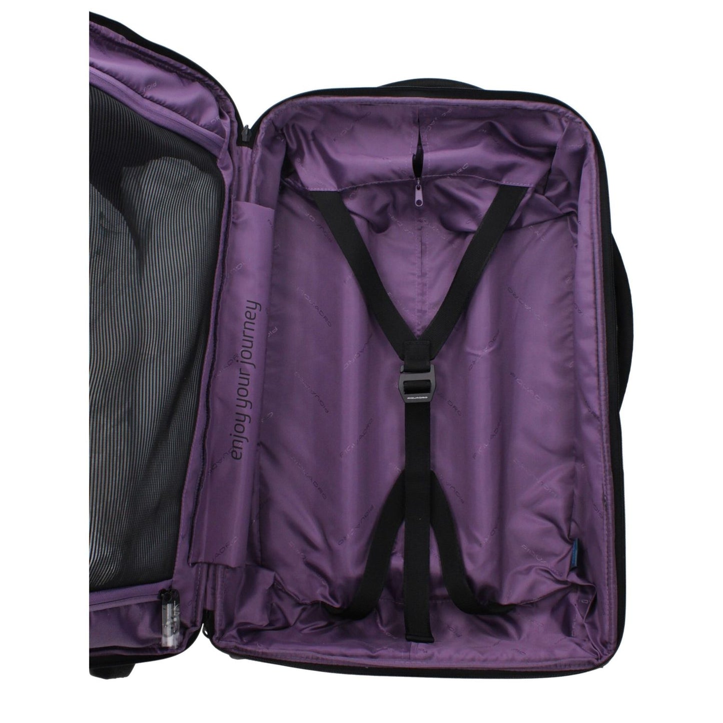 Interior view of Piquadro Green Fabric Luggage And Travel with adjustable straps and purple lining.