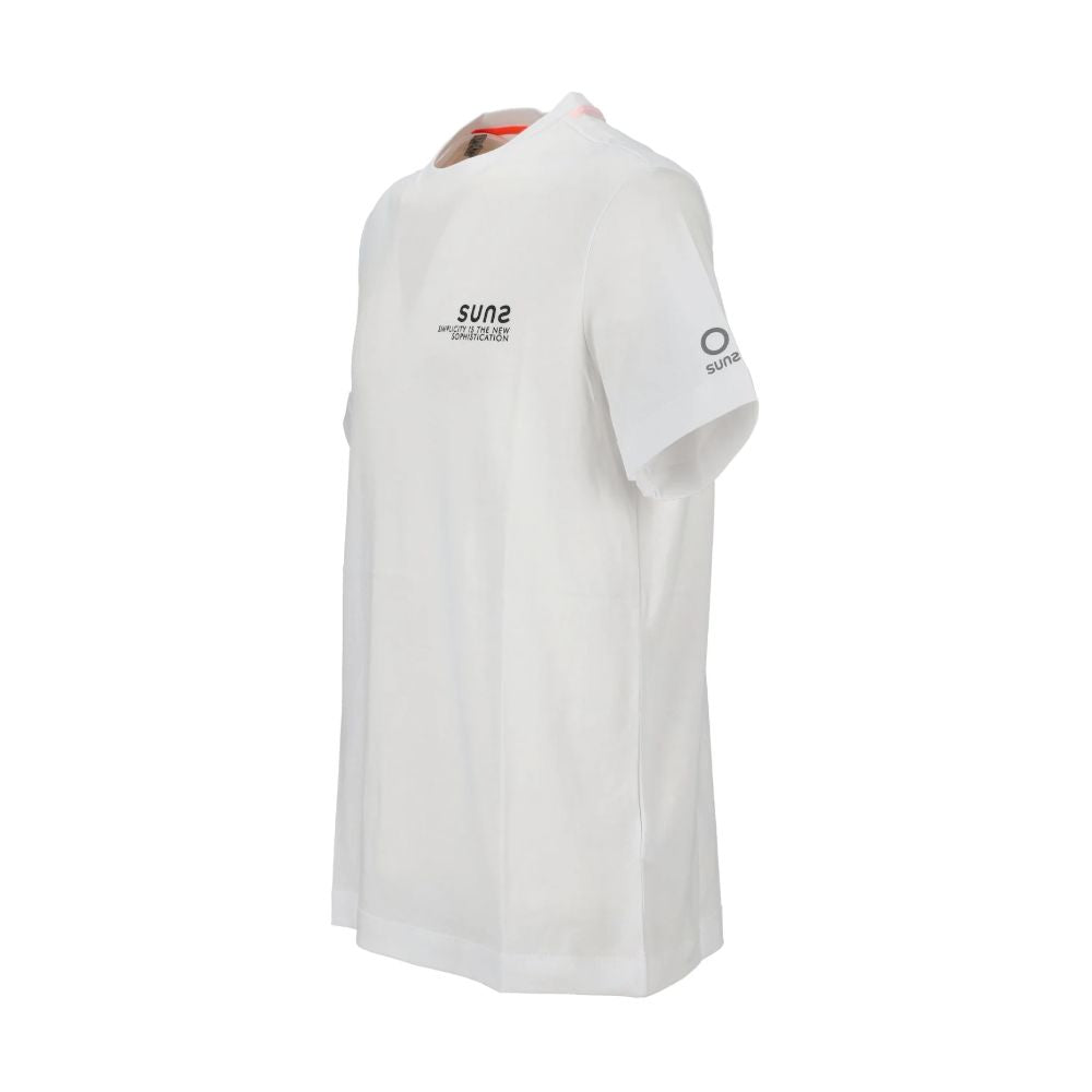 Suns White Cotton T-Shirt with crew neck, stretch fabric, and logo on left sleeve, featuring elasticated sleeves for comfort.