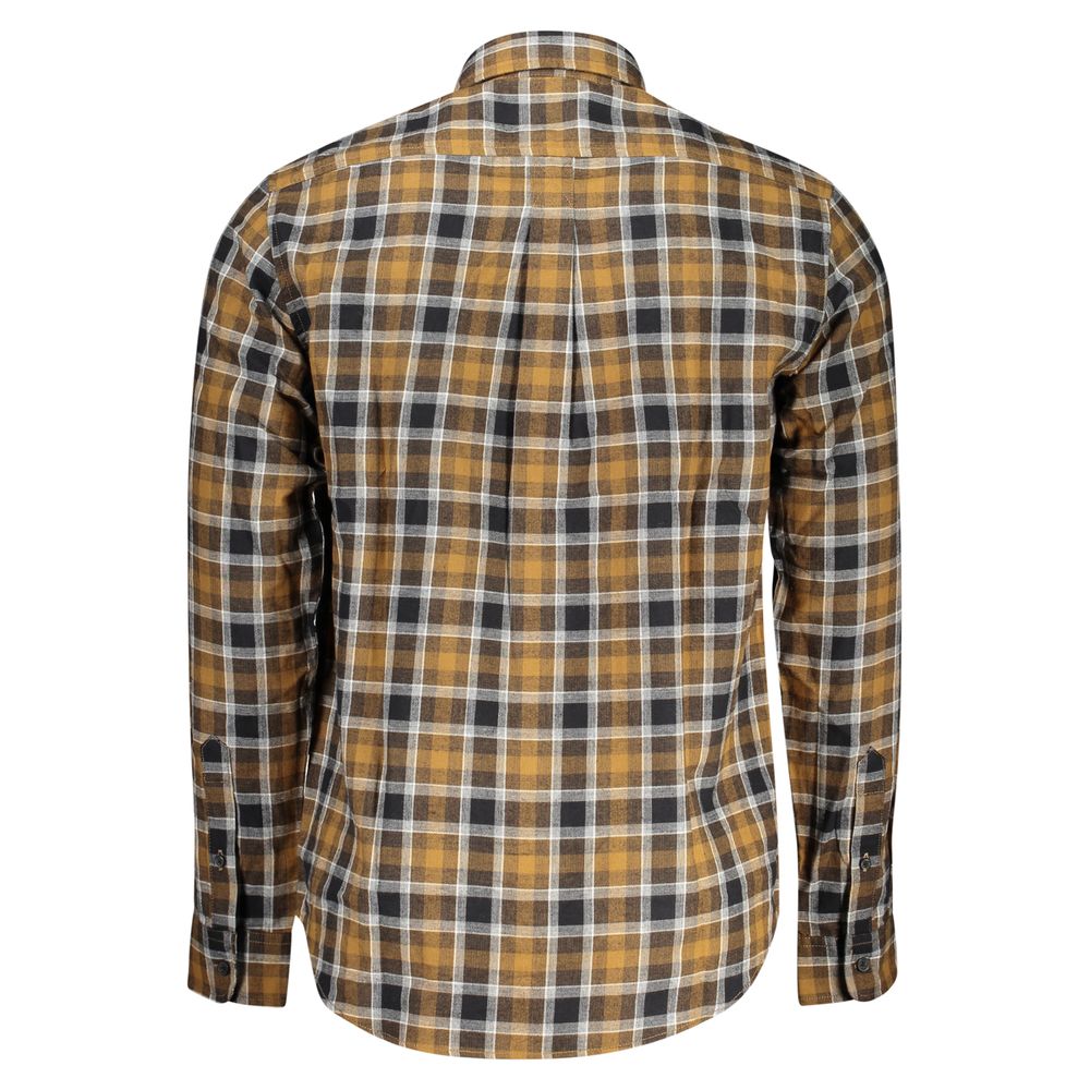 Timberland Brown Cotton Shirt featuring tartan pattern, long sleeves, Italian collar, and button cuffs, back view.