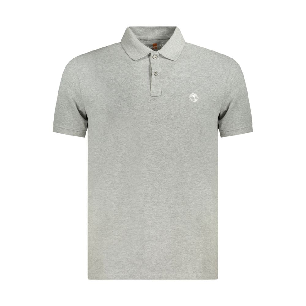 Alt Tag: Timberland Gray Cotton Polo Shirt, slim fit, short sleeves, 2 buttons, embroidery logo, stylish men's fashion.