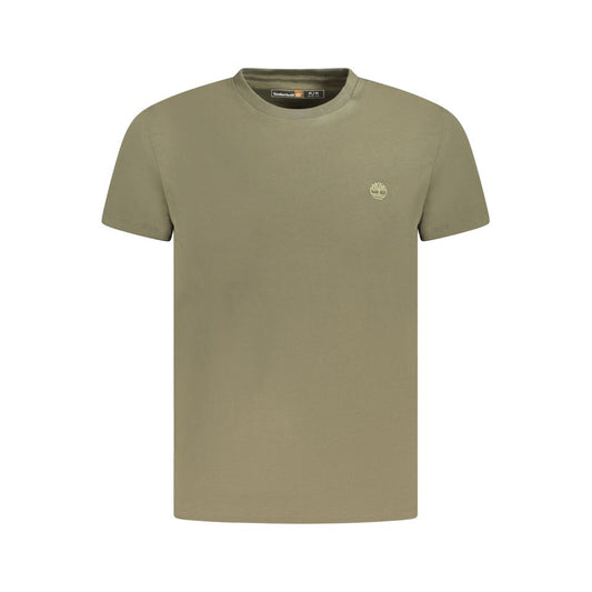 Timberland Green Cotton Men Shirt with crew neck and signature embroidery logo, perfect for casual style with comfort and breathability.