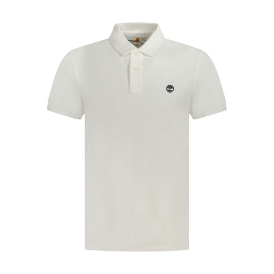 Timberland White Cotton Men Polo Shirt with classic two-button placket and embroidered logo, offering breathable and sustainable style.