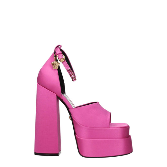 Versace Pink Satin Platform Sandals with rhinestone buckle, open toe, 15.5 cm high heel, leather sole, fuchsia satin finish.