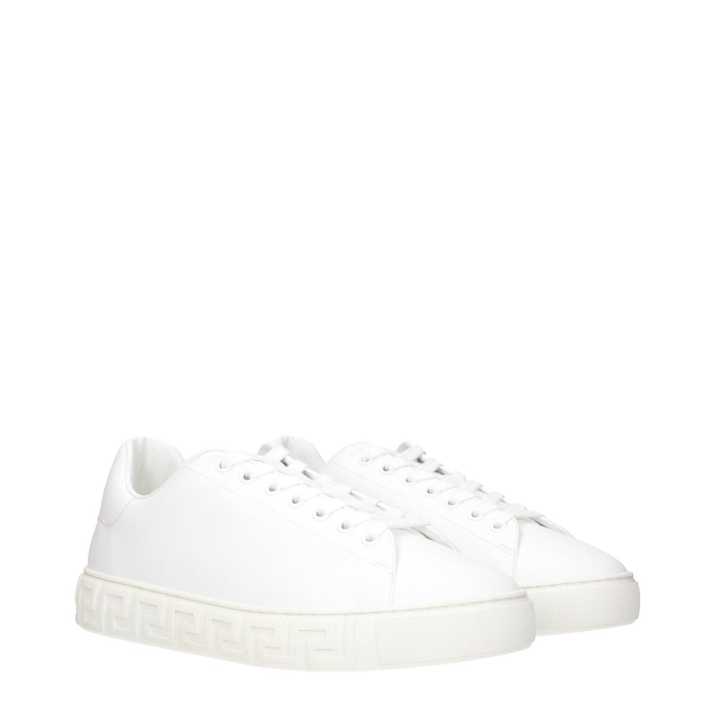 Versace White Leather Low Top Sneakers with logos on front and back, MPN 10144601A096081W010, stylish design by Versace.