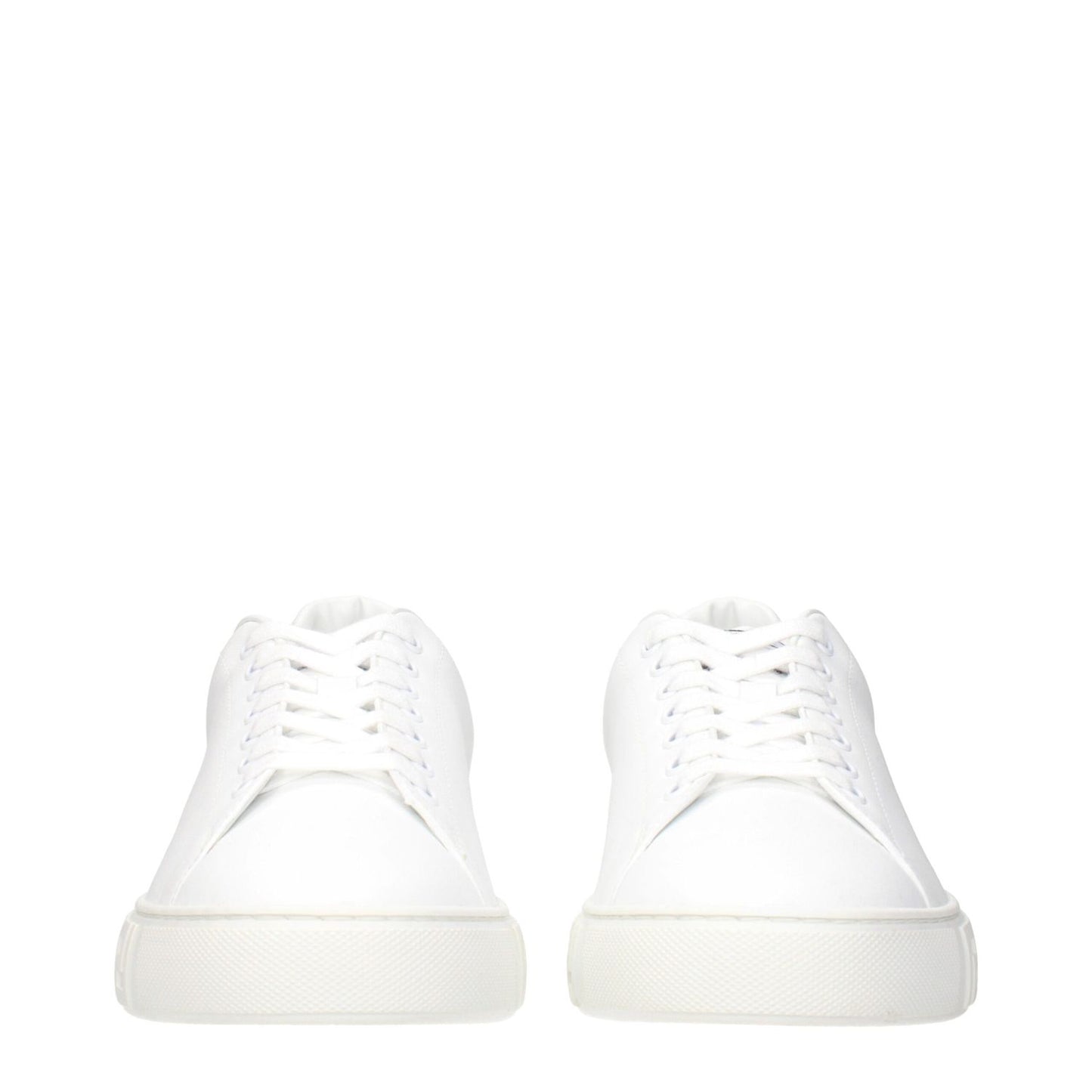 Versace White Leather Low Top Sneakers with front and back logo, showcasing sleek white design and stylish luxury brand appeal.