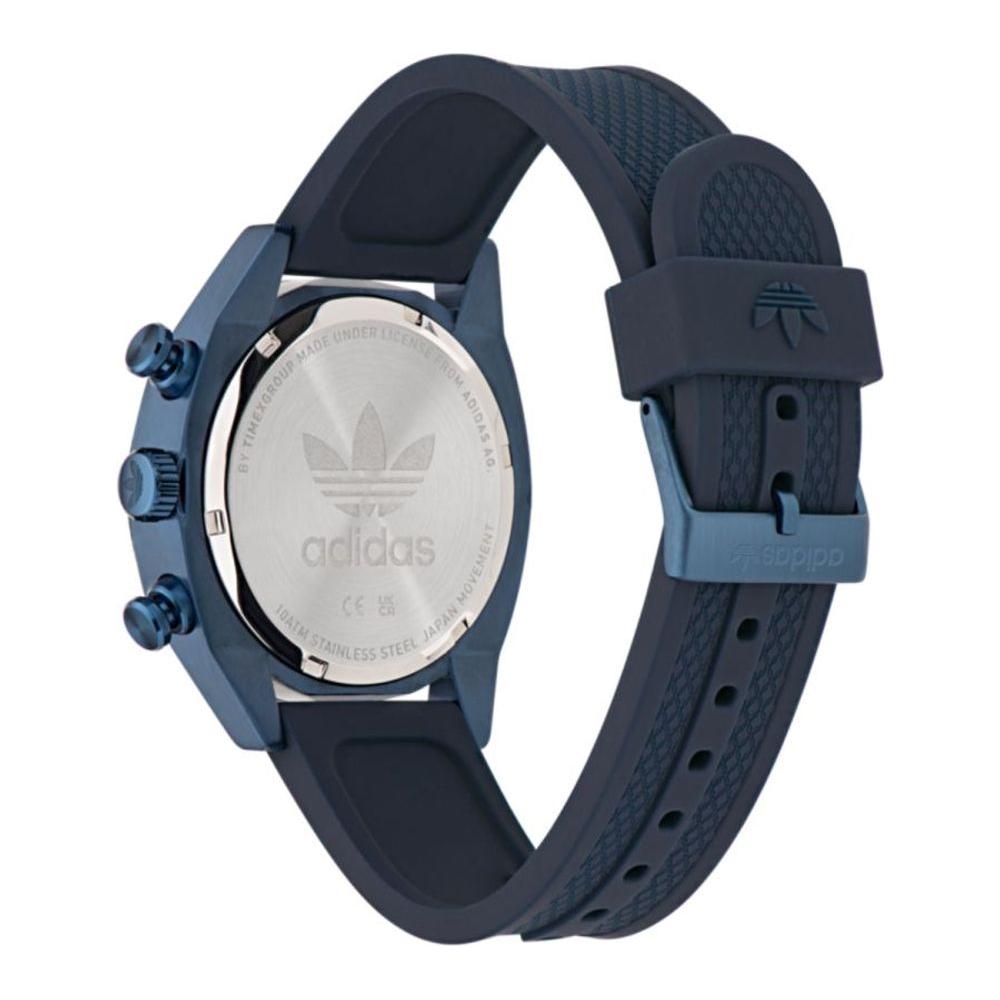 Back view of Adidas black synthetic watch with blue stainless steel case, black silicone strap, and buckle closure.